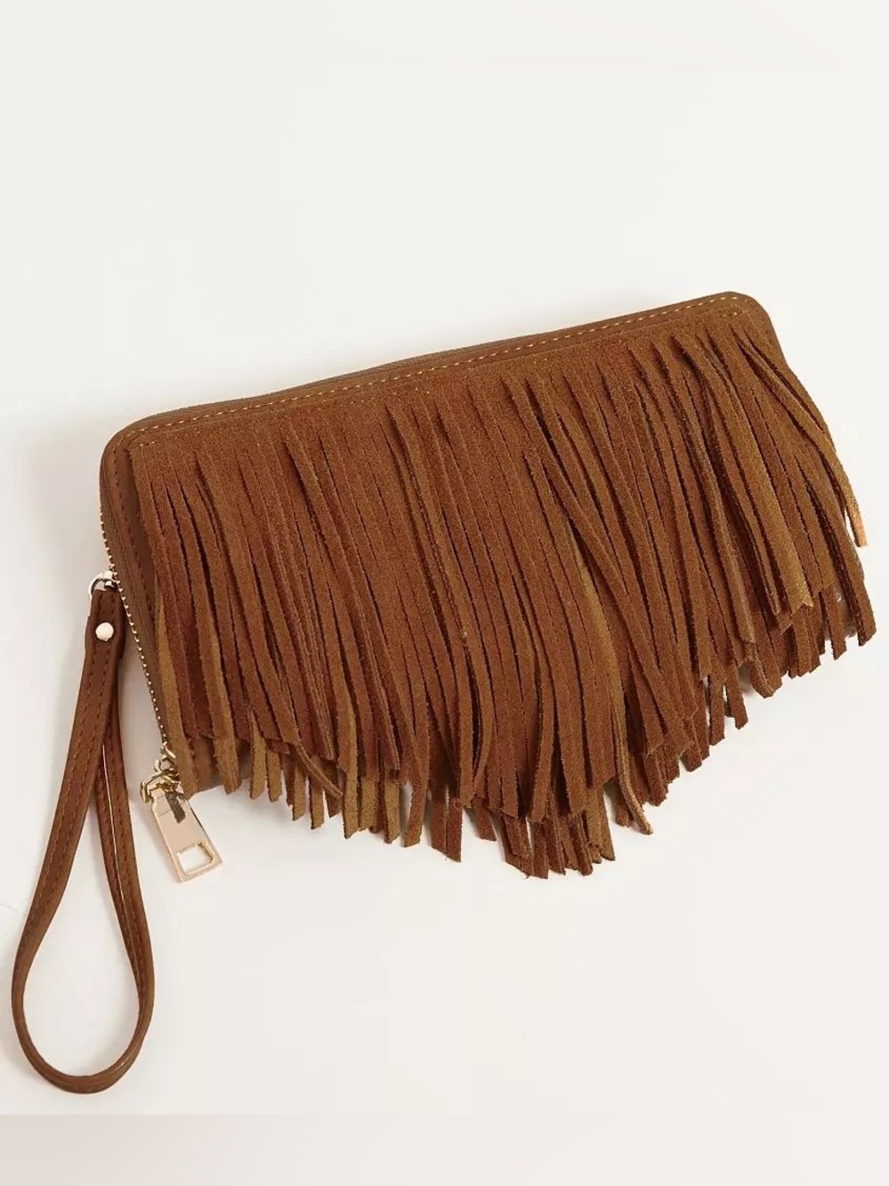 Mods Luxe Brown Fringe Wristlet Clutch Wallet Tan Suede Style